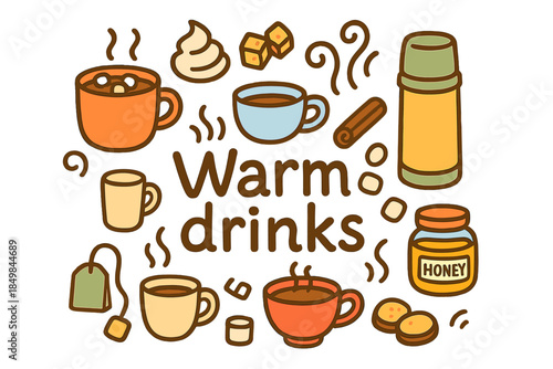 Warm Drinks Illustration. Warm drinks. Hand-drawn doodle illustration of warm drinks. Hot chocolate mug, tea