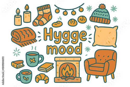 Cozy Hygge Vibes. Hygge mood. Hand-drawn doodle illustration of hygge mood. Candles, wool socks, soft blanket,