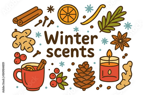 Winter Scent Medley. Winter scents. Hand-drawn doodle illustration of winter scents. Cinnamon sticks, pine