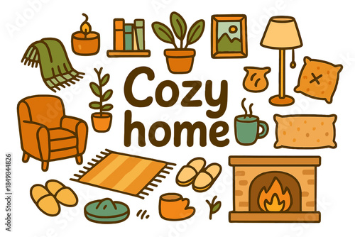 Cozy Home Doodles. Cozy home. Hand-drawn doodle illustration of cozy home. Armchair, throw blanket, scented