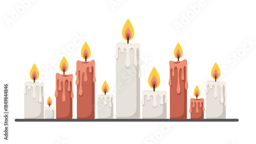 Vibrant illustration showcasing a cheerful arrangement of lit candles in various sizes and colors, creating a warm, inviting glow perfect for any cozy or festive atmosphere