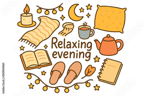 Cozy Evening Vibes. Relaxing evening. Hand-drawn doodle illustration of relaxing evening. Candle, soft blanket