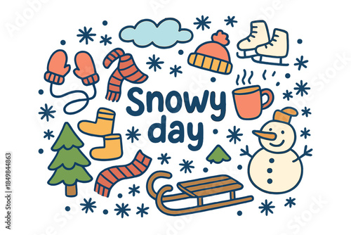 Playful Snow Day Doodles. Snowy day. Hand-drawn doodle illustration of snowy day. Snowflakes, snowman, mittens