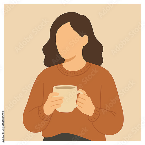 Minimalist illustration of faceless person with dark brown hair holding beige mug, wearing brown sweater.