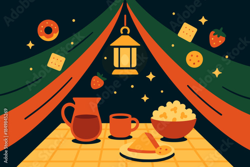 Cozy Blanket Fort Picnic. Blanket fort picnic. A glowing lantern hangs from blanket peaks as treats drift like