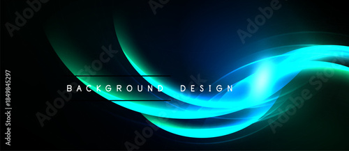 Abstract flowing lines create vibrant energy. Dark background emphasizes bright turquoise, blue hues. Modern design element.