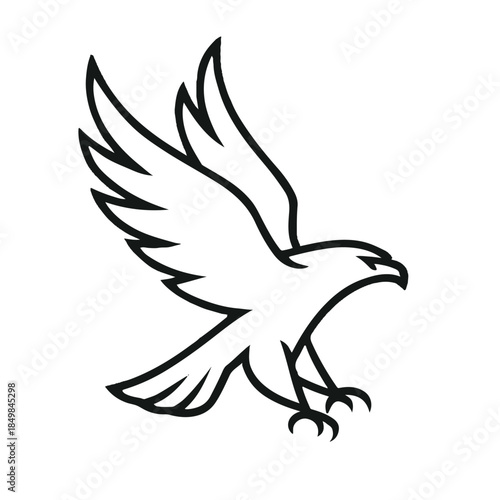 Minimalist black and white bird of prey illustration in mid-flight with extended wings and talons.