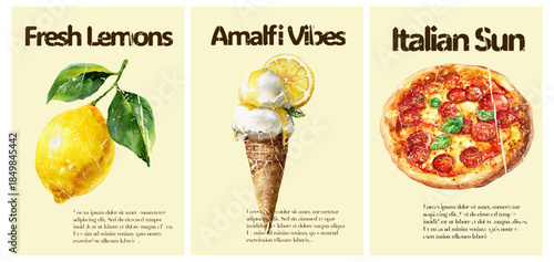 Vintage Italian poster with lemon, pizza, and ice cream. Watercolor Amalfi coast summer design featuring Mediterranean food, stamps, and shabby ornament frames.