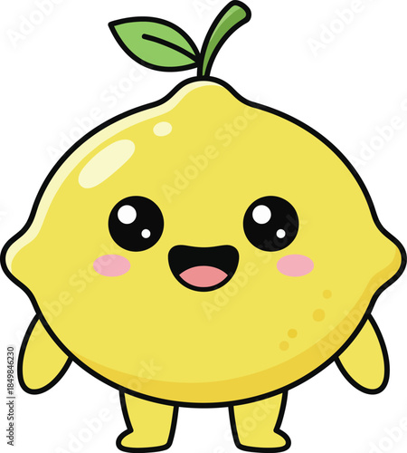 Cute cartoon lemon character with happy face and green leaves on top
