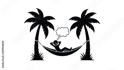 A person relaxing in a hammock between two palm trees on a serene beach