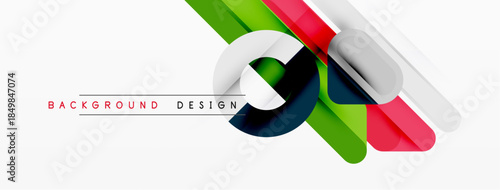 Abstract colorful lines, shapes create modern background. White space dominates design, text labels present. Simple, dynamic composition.