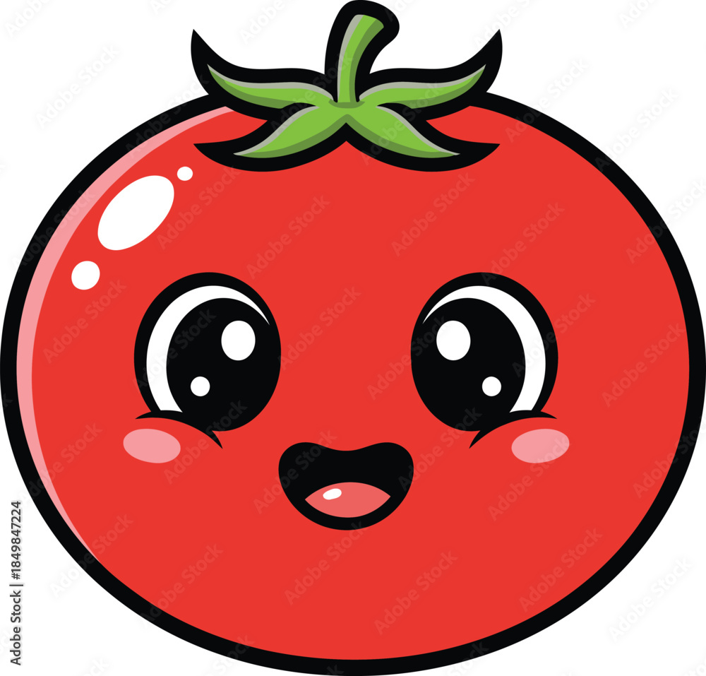 Fototapeta premium Cute cartoon tomato with happy face and green leaves on top