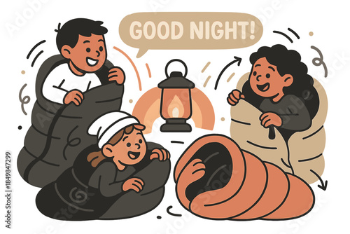 Cozy Sleepover Vibes. Kidsclimbingintocozy sleepingbags.ASoftGlowFromTheLanternPaintsWarmArcsAcrosstheirFaces;