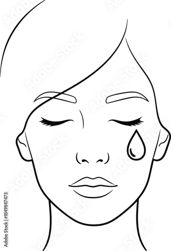 Minimalist line art illustration of a woman crying with a single teardrop on her cheek