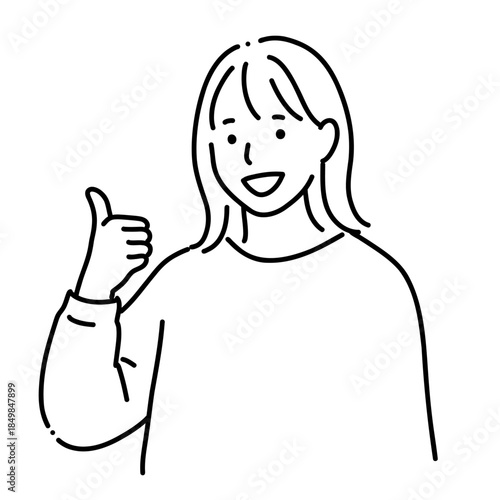 親指を立ててグッドサインを出す女性の線画イラスト　モノクロ