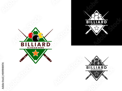 Billiard logo with billiard ball, table and stick vector. Billiards league sport logo design vector template