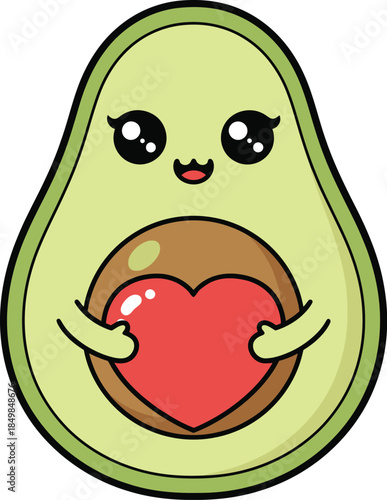 Cute cartoon avocado holding heart symbol with blush cheeks smiling