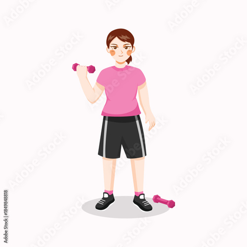A flat illustration of a young girl exercising with dumbbells, representing fitness activities and a healthy lifestyle.