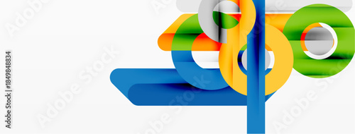 Abstract colorful shapes overlap, creating dynamic composition. Bright hues suggest modern design, energy, innovation. Clean lines define forms.