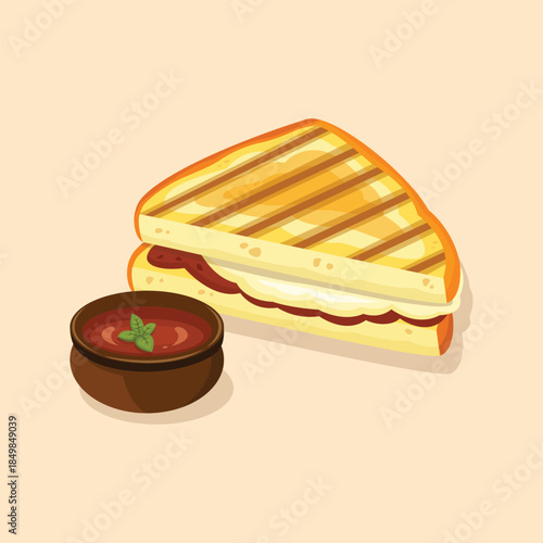 A flat illustration of a grilled sandwich served with dipping sauce, suitable for food menus, cafe branding, and culinary design projects.