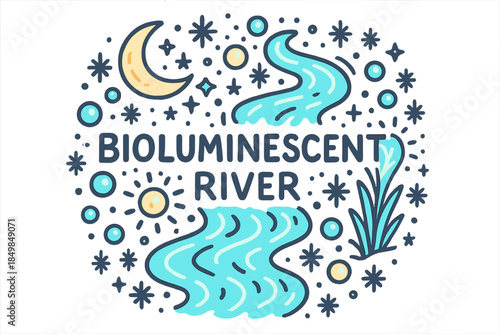 Bioluminescent River Doodle. Bioluminescentriver.Hand-drawndoodleillustrationofbioluminescentriver.Glowstreams