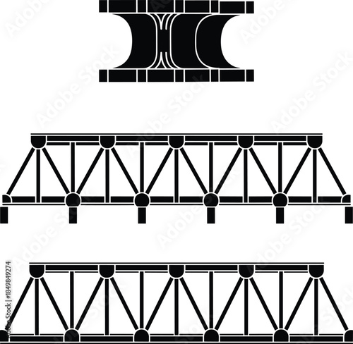 Collection of black and white vector illustrations showing different types of steel girders beams and engineering bridge trusses structural elements