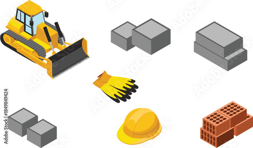 Construction equipment icons set featuring bulldozer, concrete blocks, safety helmet, gloves, bricks for building, engineering, industrial projects design