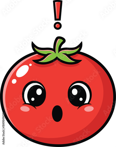 Surprised cartoon tomato with exclamation mark emoticon