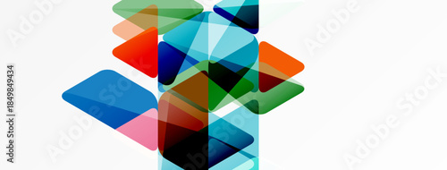 Abstract geometric shapes overlap, creating colorful translucent layers. Design features vibrant hues, modern aesthetic.