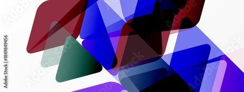 Abstract shapes overlap, creating vibrant color blends. Blue, red, green hues dominate white background. Modern design element.