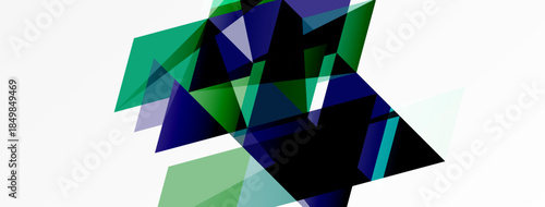 Abstract geometric shapes overlap, creating dynamic composition. Greens, blues dominate white background. Modern design element.