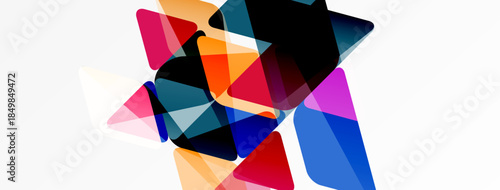 Abstract geometric shapes overlap, creating vibrant color blends. Composition feels dynamic, modern, energetic. White background emphasizes forms.