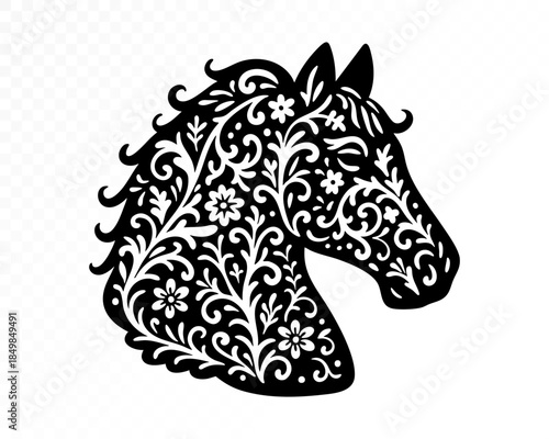 Decorative horse head silhouette with dense floral folk ornament patterns, elegant equine animal illustration in traditional black cutout style for emblem and decorative designs. Vector illustration.