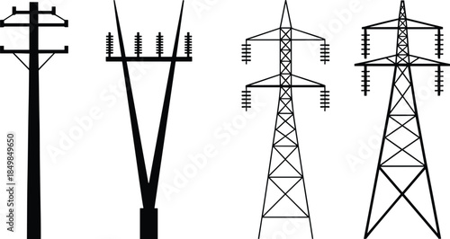 Electric power transmission towers illustration, high voltage utility poles and pylons isolated for energy infrastructure, grid design, engineering use