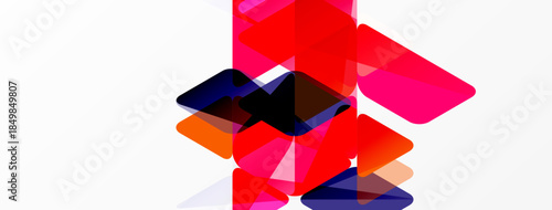Abstract composition featuring overlapping geometric shapes. Vivid reds, oranges, blues create dynamic visual impact. Minimalist style.