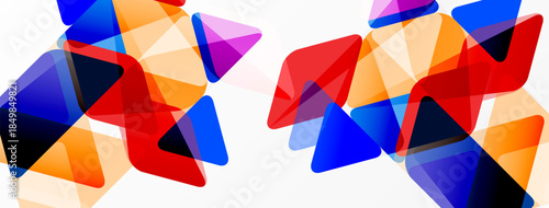 Abstract geometric shapes overlap. Blue, red, orange hues create dynamic composition. Modern design, vibrant colors, clean aesthetic.