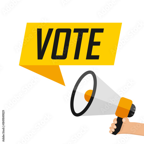 Hand holding megaphone with vote text icon in flat style. Ballot candidate vector illustration on isolated background. Political election sign business concept.