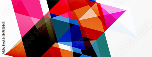 Abstract geometric shapes overlap, creating vibrant colorful composition. Bold lines, angles define dynamic visual experience.