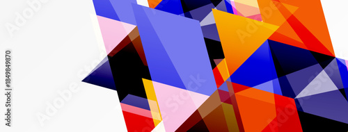 Abstract geometric shapes overlap, creating vibrant color blocks. Composition features blues, oranges, reds, pinks, whites. Modern design.