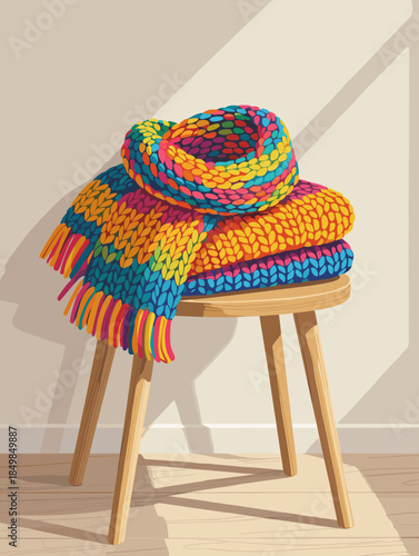 Colorful knitted scarf and blanket folded on wooden stool