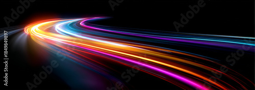 Bright neon speed lines curl across a night urban highway. Flowing glowing trails visualize rapid energy and fast digital motion. Futuristic abstract composition presented in vector.