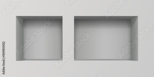 Empty boxes mockup icon in realistic style. Gallery showcase vector illustration on isolated background. Empty stand display sign business concept.