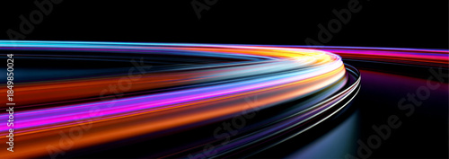 Transparent neon speed line cuts through abstract digital space. Glowing light trails emphasize fast motion and energy flow. Futuristic technological illustration isolated in vector.
