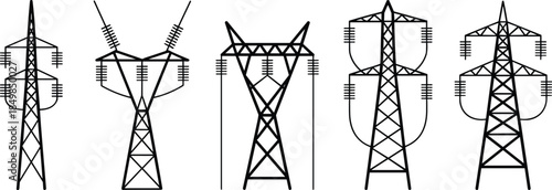 Electric transmission tower icons, power line pylons collection, high voltage energy infrastructure symbols for electricity grid, engineering, industry, utility, vector design