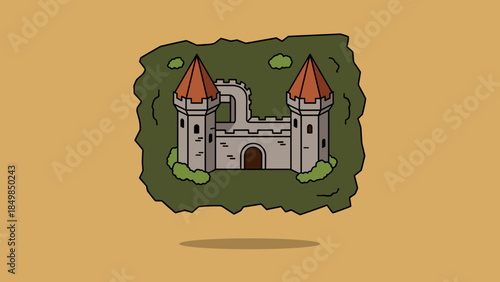 Cartoon Castle with Towers and Orange Roofs.