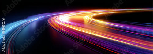 Bright neon speed lines curl along a high speed night highway. Flowing light trails visualize acceleration and digital energy. Futuristic abstract design presented in vector.