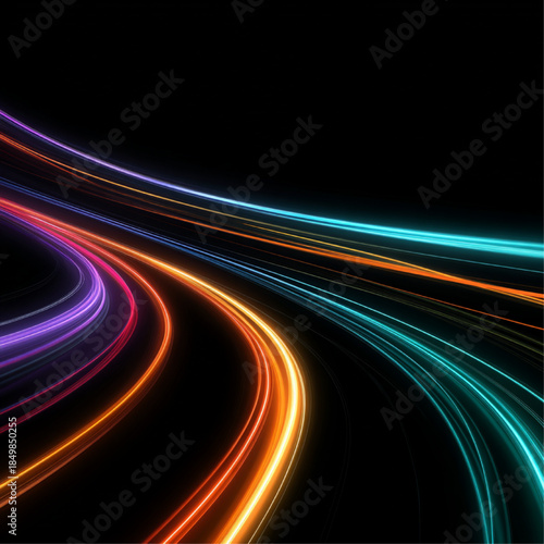 Abstract neon speed lines spiral across a night-time city street. Glowing light ribbons highlight rapid motion and futuristic energy flow. Modern digital illustration isolated in vector.