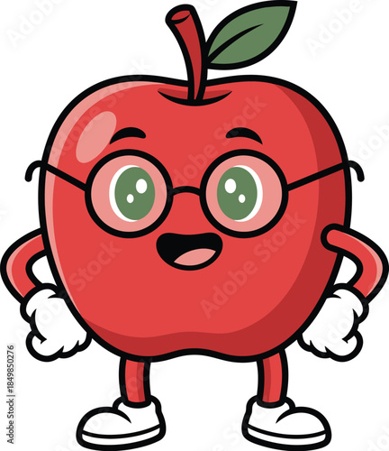 Cute cartoon apple character wearing glasses and smiling