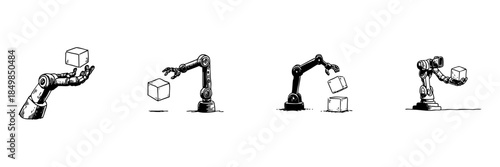 Robotic Arms Manipulating Cubes Doodle Sketch Set. Automation And Industrial Robotics In Hand Drawn Style Collection. Mechanical Precision And Technology. Isolated Vector Illustration