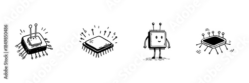 Microchip Character Doodle Sketch Set. Playful Technology And Robotics In Hand Drawn Style Collection. Cute And Animated Circuit Board Designs. Isolated Vector Illustration